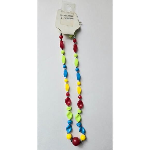 Retro Red, Yellow, Blue, and Yellow Plastic Beaded Necklace and Green Earrings - Picture 3 of 10